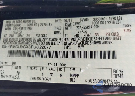 2015 Ford Escape Se z USA, uszkodzony, nr VIN 1FMCU0GX3FUC22677